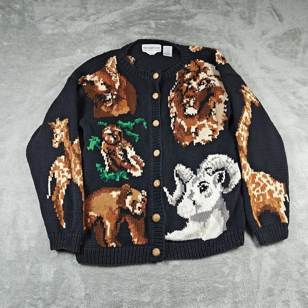 Vintage Animal Cardigan Womens Medium Knit World Wildlife Fund Bear Owl Lion 90s